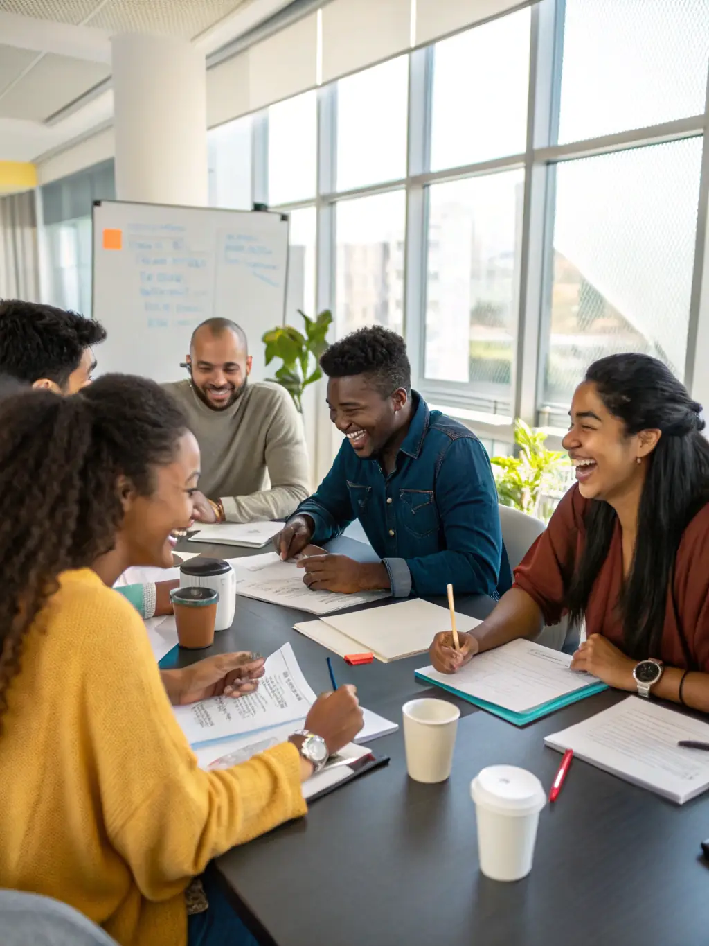 A group of diverse individuals are gathered in a sunlit room, engaged in a lively discussion, with smiles and open body language, symbolizing the welcoming and inclusive nature of FaithConnect's forums.